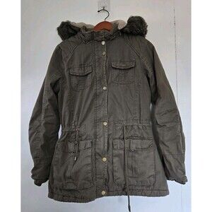 Vintage YMI‎ Coat Womens L Olive Green Y2K Faux Fur Lined Full Zip Up Retro